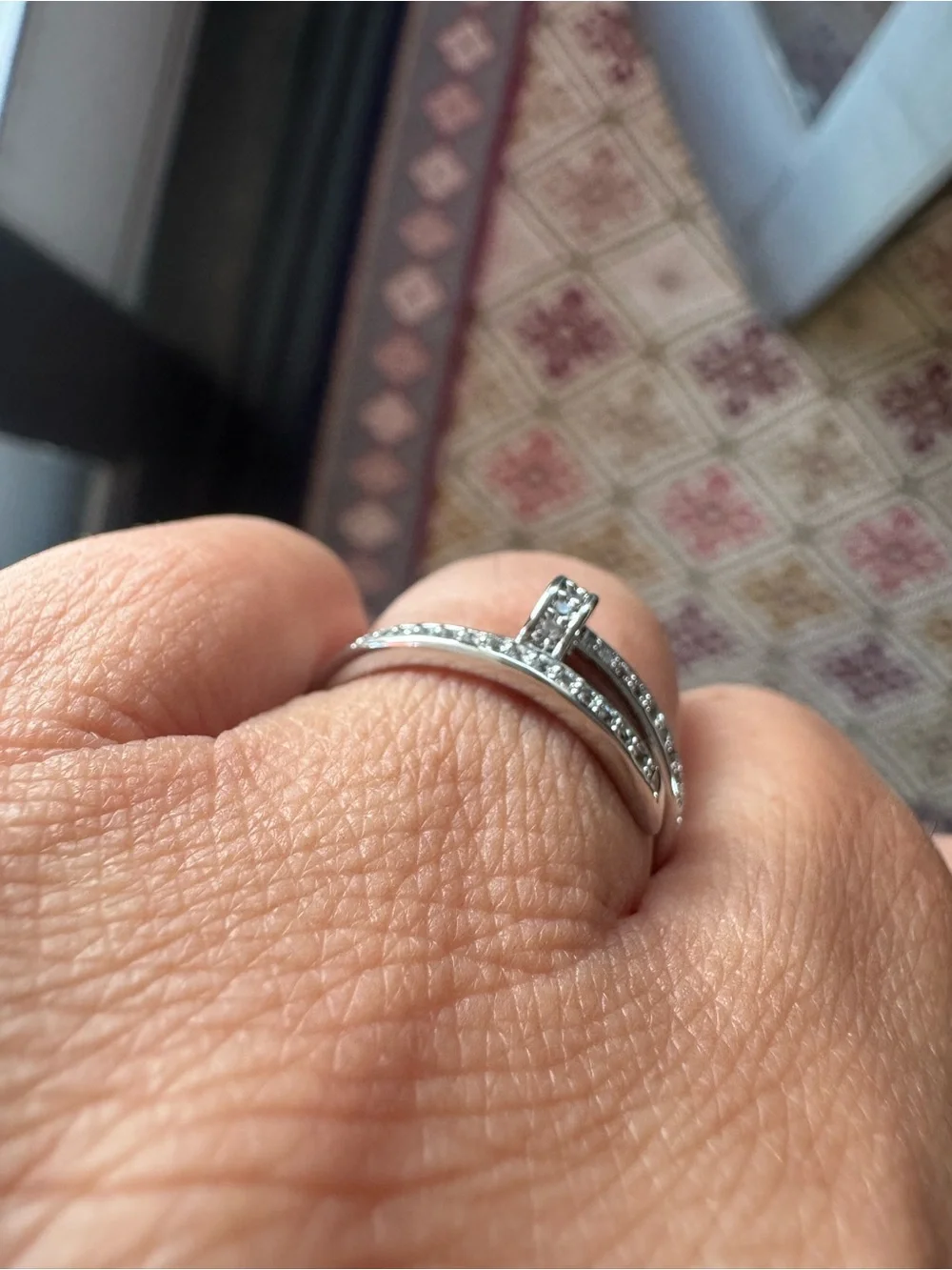 Brass Silver Tone Plate Cubic Zirconia Pave Nail Bypass Ring